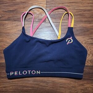 Peloton Womens Strappy Crisscross Back Sports Bra Navy Blue Pink Yellow Size S